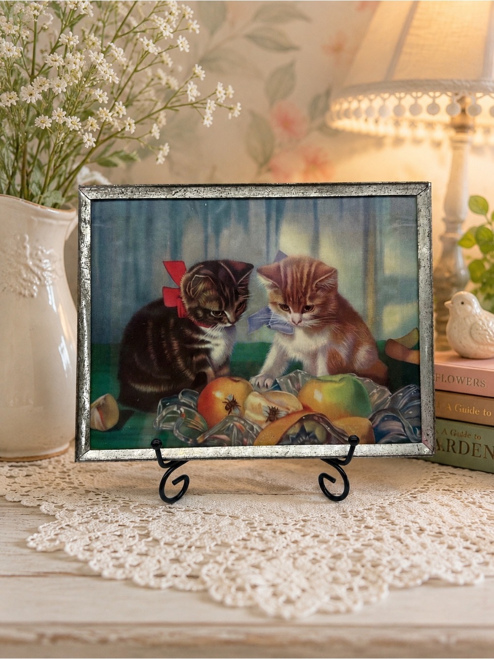 Vtg Framed Kitten Print Still-Life Scene Fruit Bees  Metal Cat Art Tabletop 9"